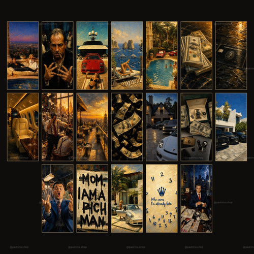 Complete Collection preview grid showing all 19 oil painting style iPhone wallpapers from the Italian Old Money, Money and New Money packs