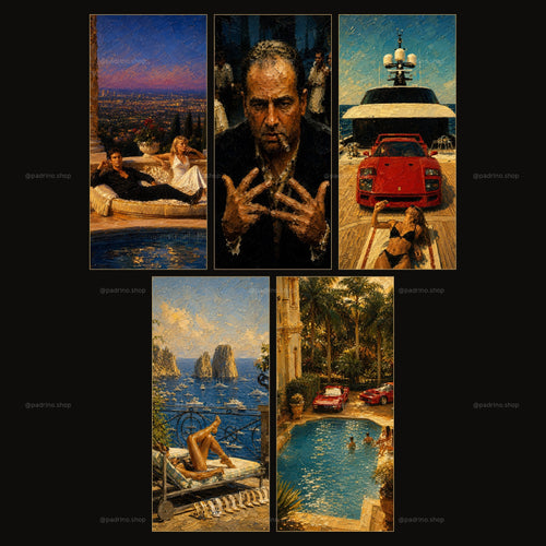 Italian Old Money Collection preview grid showing all 5 oil painting style iPhone wallpapers: Capri coastline, villa pool, yacht deck and evening terrace scenes