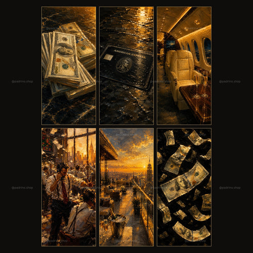 Money Collection preview grid showing all 6 oil painting style iPhone wallpapers: cash stacks, black Amex, private jet, trading floor and city skyline