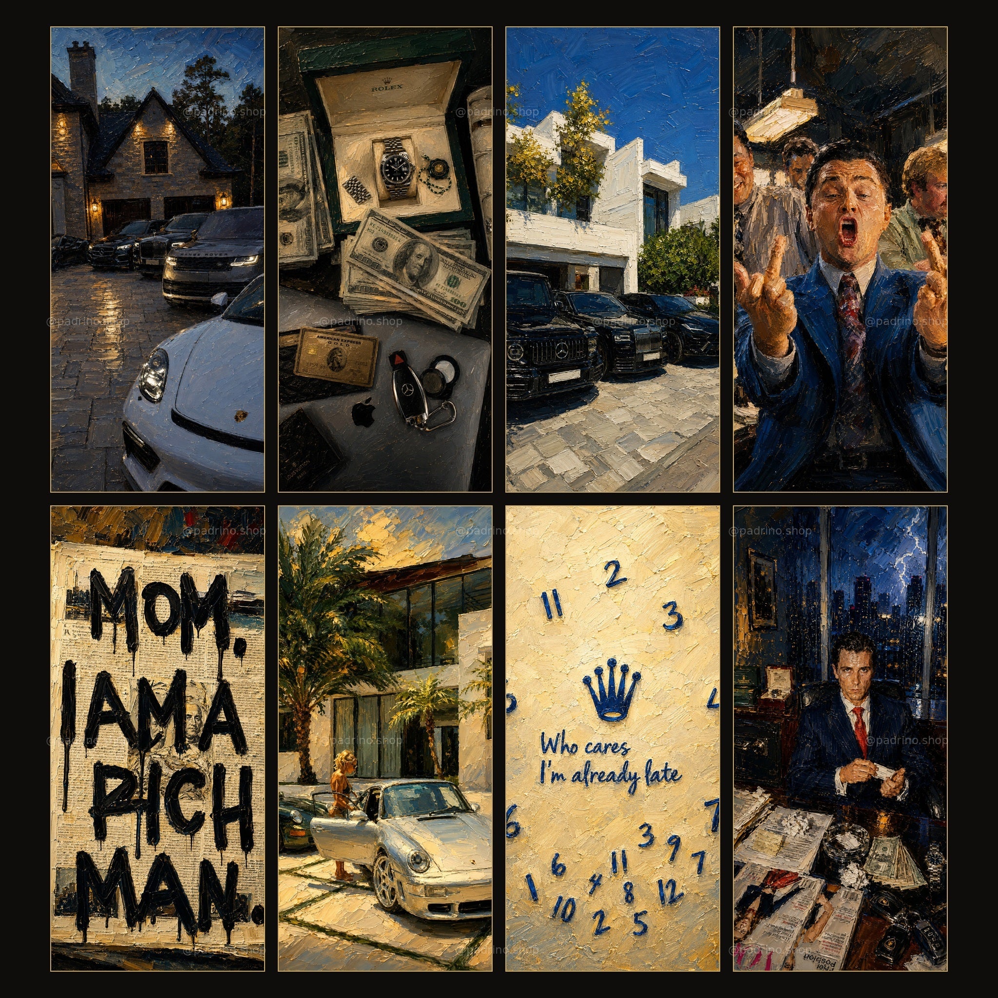 New Money Collection preview grid showing all 8 oil painting style iPhone wallpapers: supercars, modern mansions, Rolex, cash and skyline views